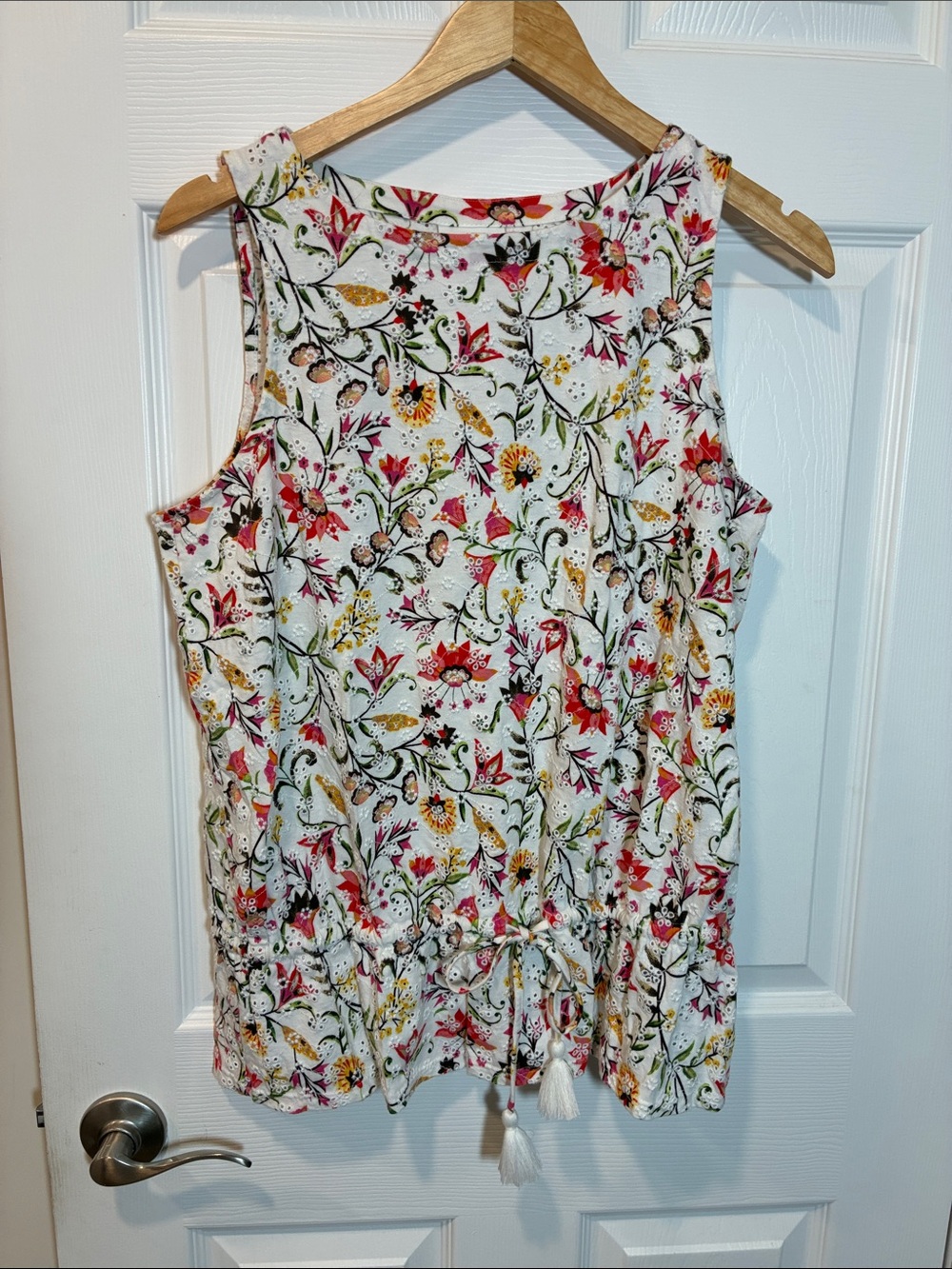 J. Jill White Floral Tie-Hem Tank with Tassels